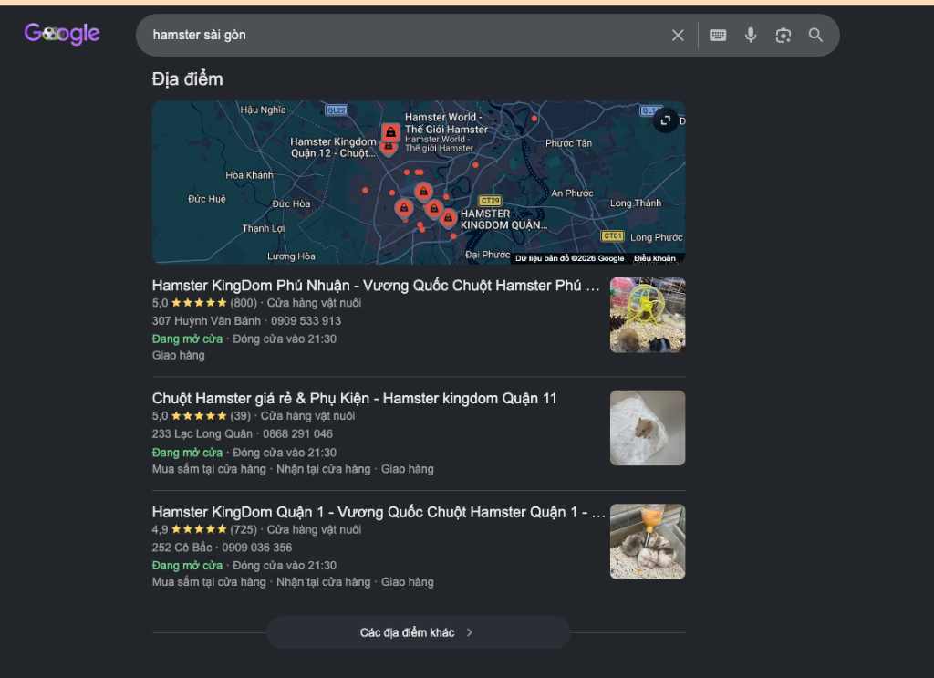 Kết quả SEO Maps Hamster Sài Gòn